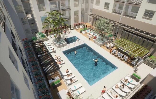 A sun-filled courtyard with a central pool, shaded lounge areas, and spaces designed for gathering.