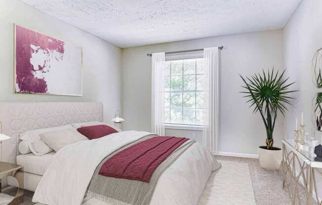 a white bedroom with a bed and a window at Elea Apartments in Marietta, GA