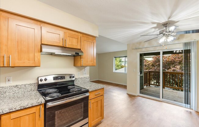 Cascade Woods stove and kitchen area