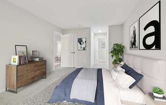 A bedroom with a bed, a dresser, and a plant.