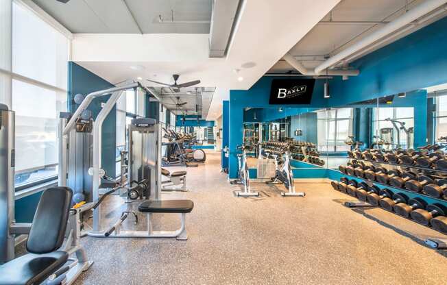 a gym with cardio equipment and weights on the floor and a blue wall with windows at The Baxly, Savannah, GA