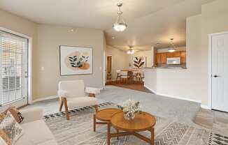 a living room with a couch and a table