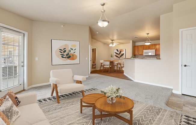 a living room with a couch and a table