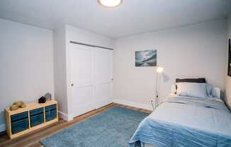 a bedroom with a bed and a blue rug