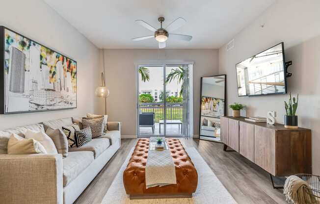 a living room with a couch and a table