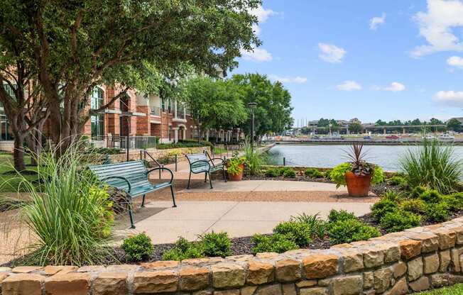 A park with benches and a pond in the background.