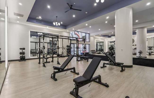 A gym with a variety of equipment including treadmills, weights, and benches.