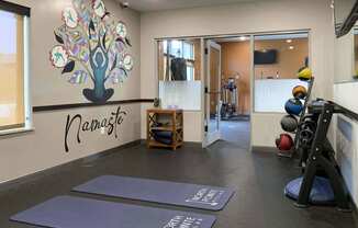 a gym with yoga mats and a tree on the wall