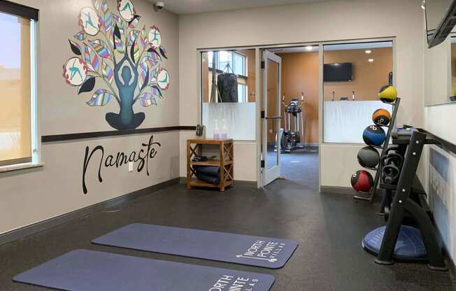 a gym with yoga mats and a tree on the wall