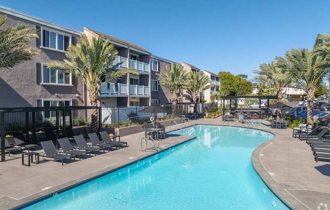 A swimming pool surrounded by lounge chairs and palm trees.