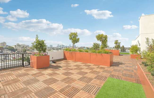 a roof terrace with plants and a city in the background