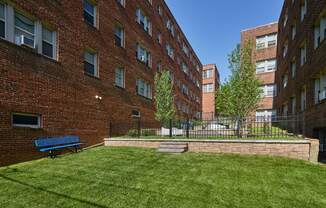 the yard of a building with a green lawn and a blue bench