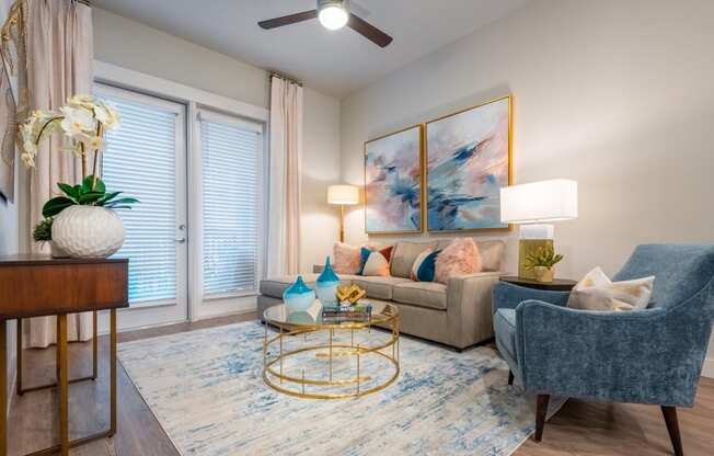 living room of an apartment at the cannery at packing district