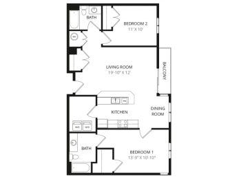 2 beds, 2 baths, 967 sqft, $1,350