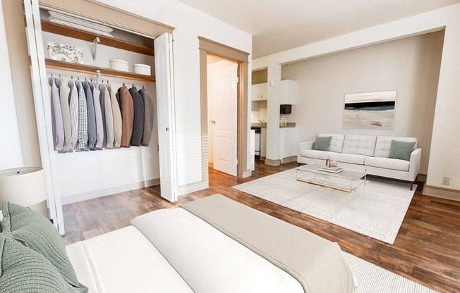 a living room with a white couch and a closet