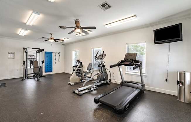 the gym has plenty of exercise equipment and a tv