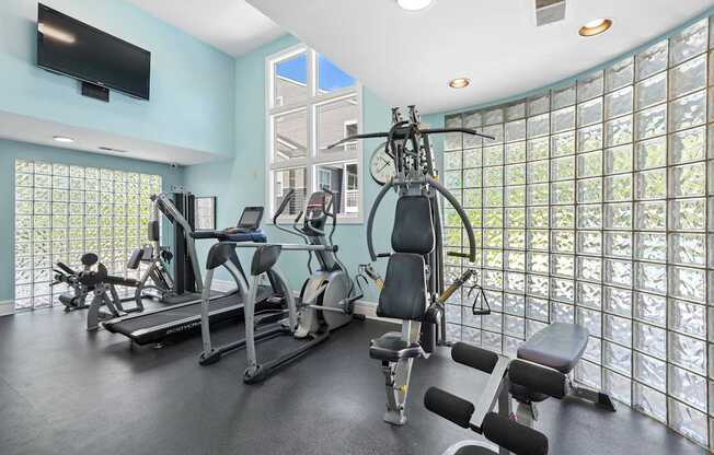 A gym with a row of treadmills and exercise bikes.