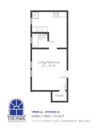 Studio, 1 bath, 374 sqft, $820