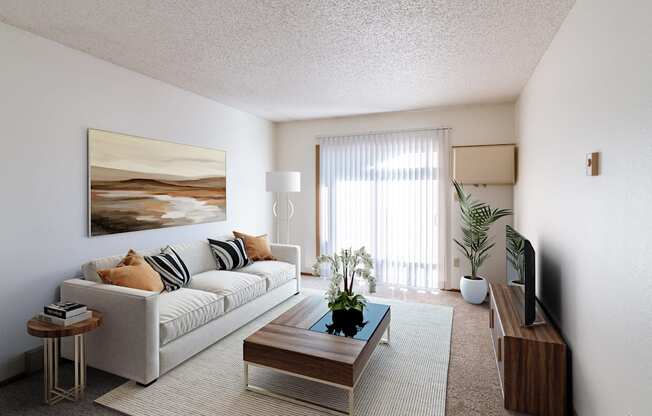 a living room with a couch and a coffee table. Grand Forks, ND Chandler 1866 Apartments