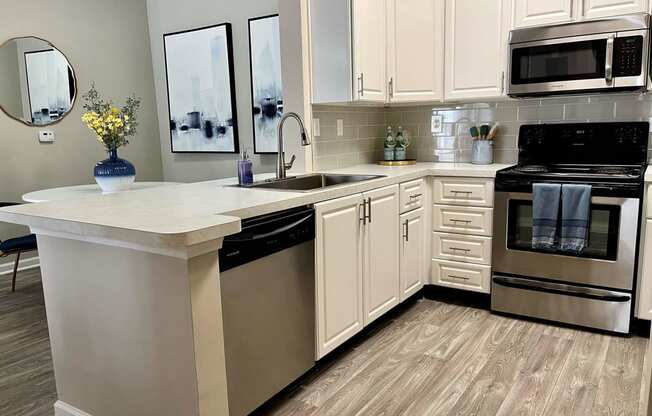 a kitchen with stainless steel appliances and a counter top