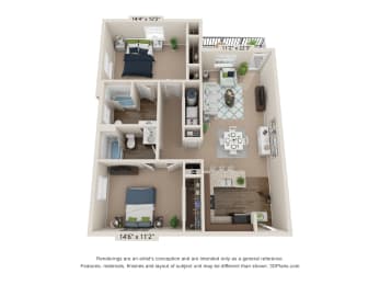 2 beds, 2 baths, 1,162 sqft, $1,625
