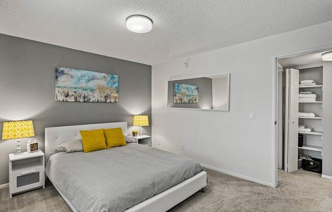a bedroom with a bed and a closet