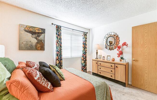 Bright bedroom at Country Club at Valley View Senior Apartments in Las Vegas, NV, For Rent. Now leasing 1 and 2 bedroom apartments.