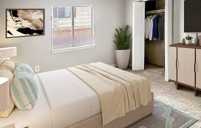 an image of a bedroom with a bed and a closet