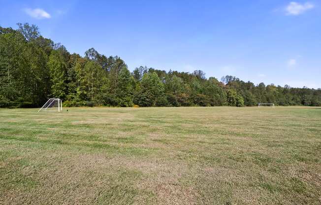 A grassy field with trees in the background and two goalposts in the middle.