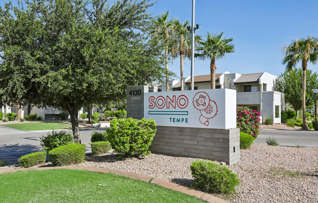 A sign for Sonora in Tempe is displayed in front of a building.