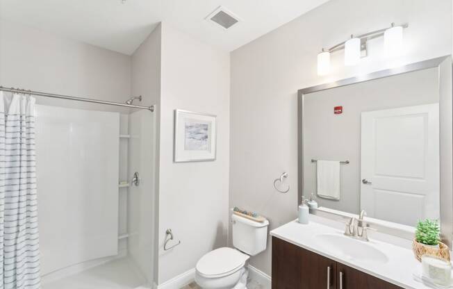 a bathroom with a shower sink and toilet and a mirror at The Tannery, Connecticut, 06033