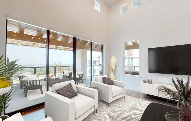 a living room with white furniture and a large television