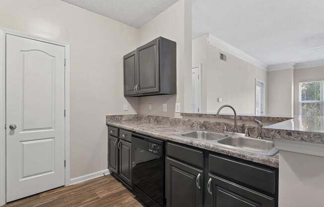 A kitchen with black cabinets and a white door.