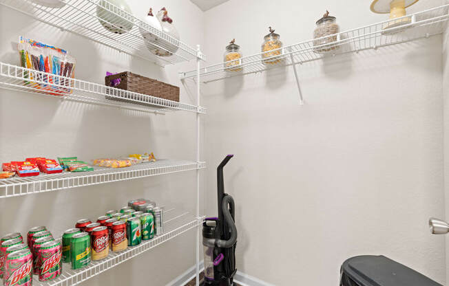 a walk in pantry with two shelves and two racks of food and drinks