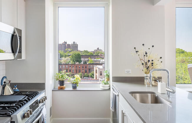 Windowed kitchen with stainless appliances in Brooklyn 