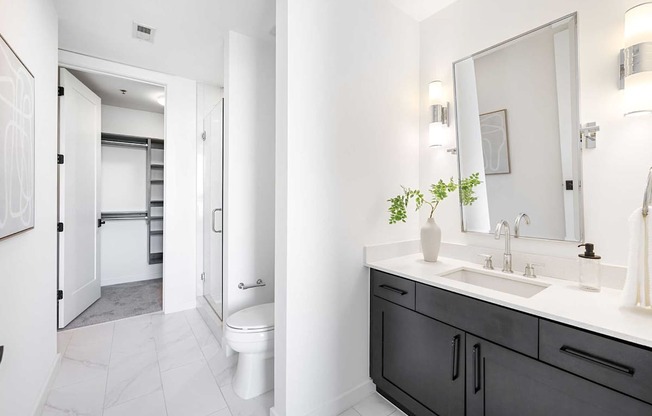 A bathroom with a white sink and a mirror.