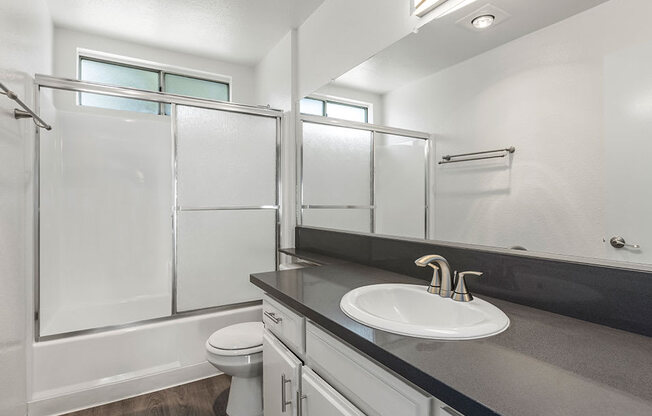 Modern styled bathroom with shower and tub.