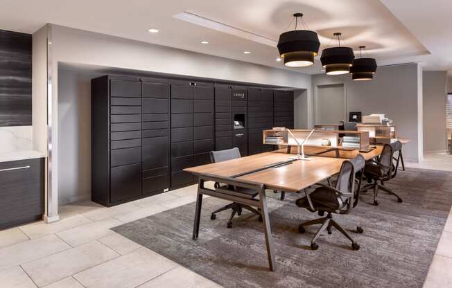 a conference room with a table and chairs and a black closet