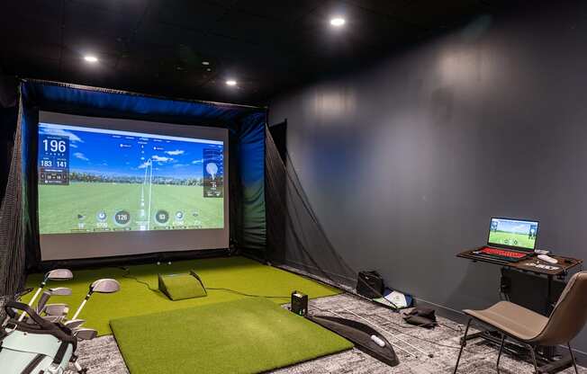 a home cinema with a screen and a green carpet floor and a desk with a