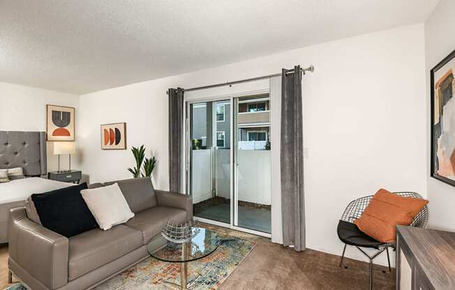 a living room with a couch and a sliding glass door to a bedroom