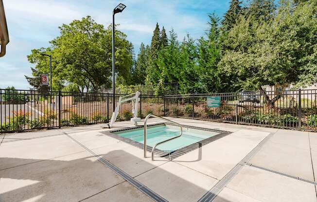 A small pool surrounded by a fence and trees.