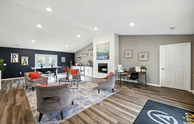 A modern living room with a fireplace and a dining area.