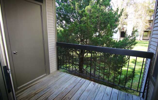 A balcony with a black railing and a brown door.