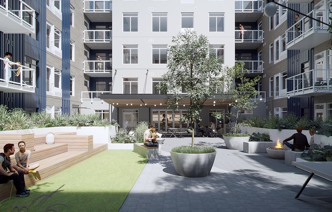a rendering of an apartment complex with people sitting in a courtyard