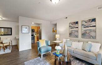 The Crossings at Chapel Hill Living Room with View into Kitchen and Dining Room