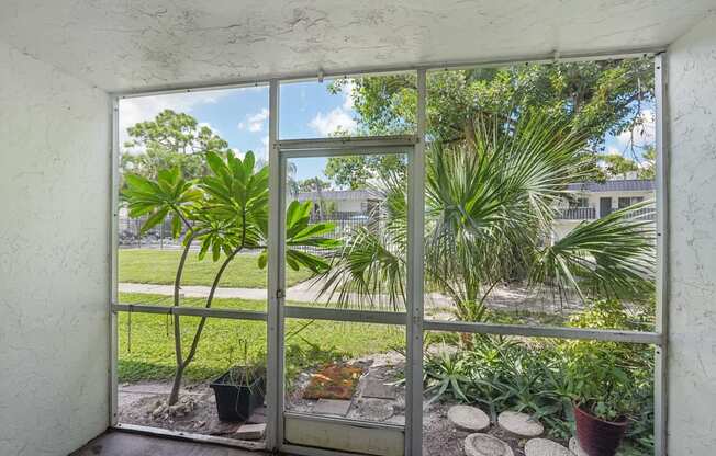 A view of a garden through a window.