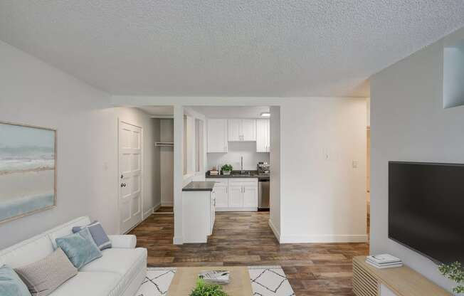 the living room and kitchen of an apartment with a couch and a tv