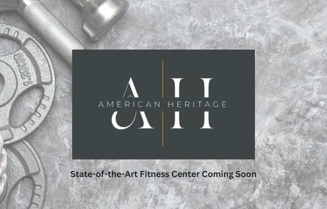 A poster advertising a fitness center with a background of dumbbells.