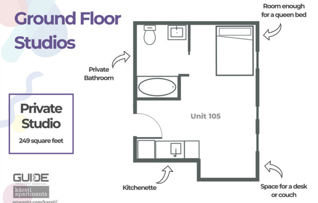 Studio, 1 bath, 277 sqft, $1,295, Unit 105