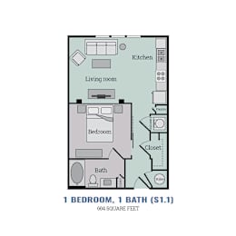 1 bed, 1 bath, 604 sqft, $1,463